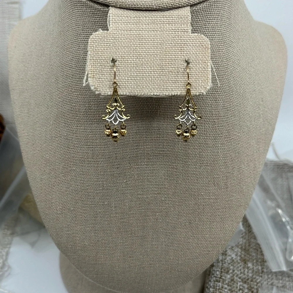 Vintage White & Yellow 10K Gold Chandelier Earrings - Picture 1 of 9